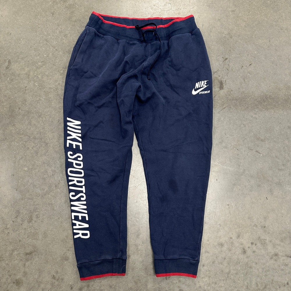 Nike Sportswear Mens XL Navy Blue Red Trim Graphic Fleece Jogger Sweatpants